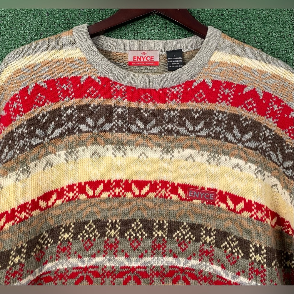 Vintage 90’s Enyce 100 % Wool Fair Isle Patterned Knit Sweater Men’s Size Large - Picture 2 of 7